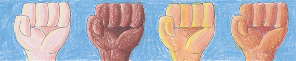 mural depicting fists of different skin colors raised in unity