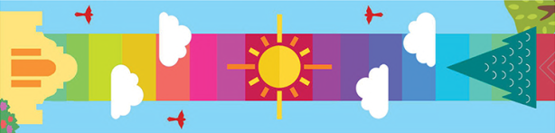 mural depicting rainbow bridge with sunshine, trees and buildings