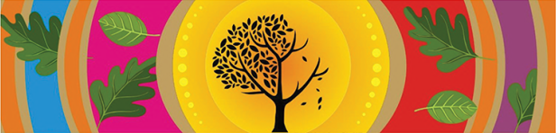 mural depicting tree in spring and winter growth with rings of colors and falling leaves