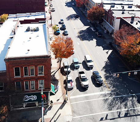 Overhead view of downtown salisbury, looking at the intersection of innes and main street, where the restaurant Spanky's is located